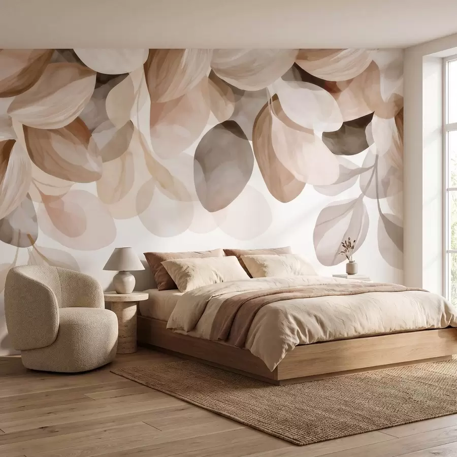murais de parede Folhas pendentes em tom bege, em estilo aquarela w09923