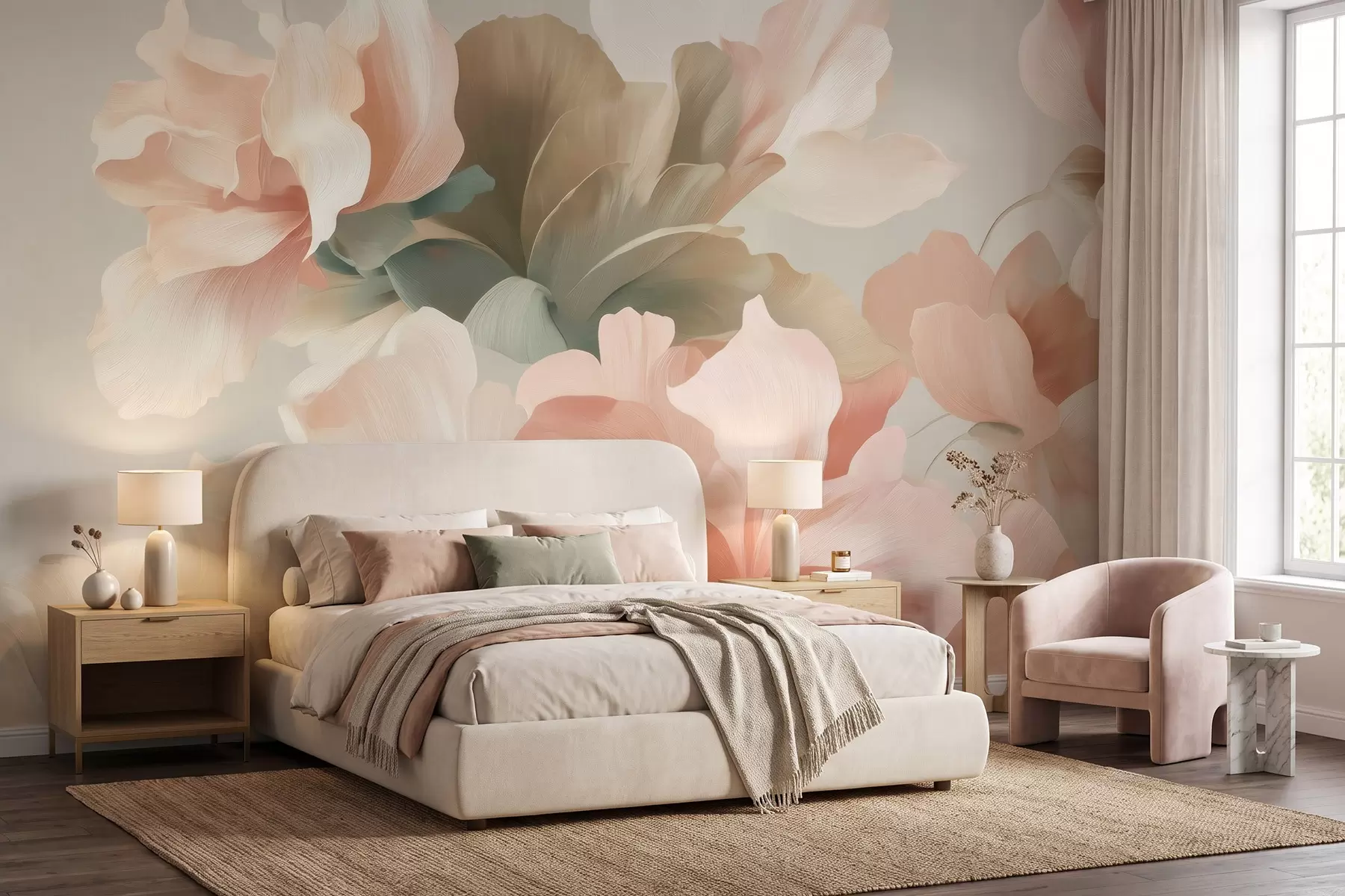 murais de parede Grandes flores artísticas em suaves tons pastéis de creme, rosa e verde w09935
