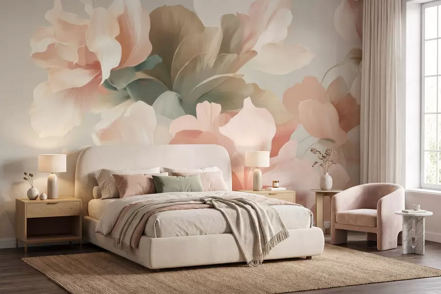murais de parede Grandes flores artísticas em suaves tons pastéis de creme, rosa e verde w09935