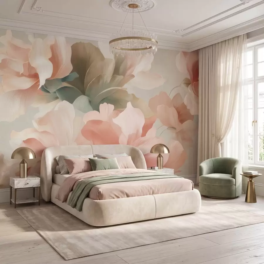 murais de parede Grandes flores artísticas em suaves tons pastéis de creme, rosa e verde w09935