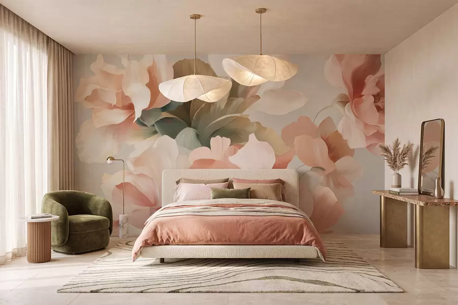 murais de parede Grandes flores artísticas em suaves tons pastéis de creme, rosa e verde w09935