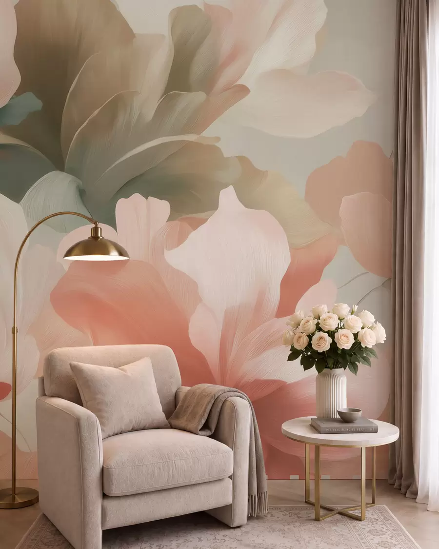 murais de parede Grandes flores artísticas em suaves tons pastéis de creme, rosa e verde w09935