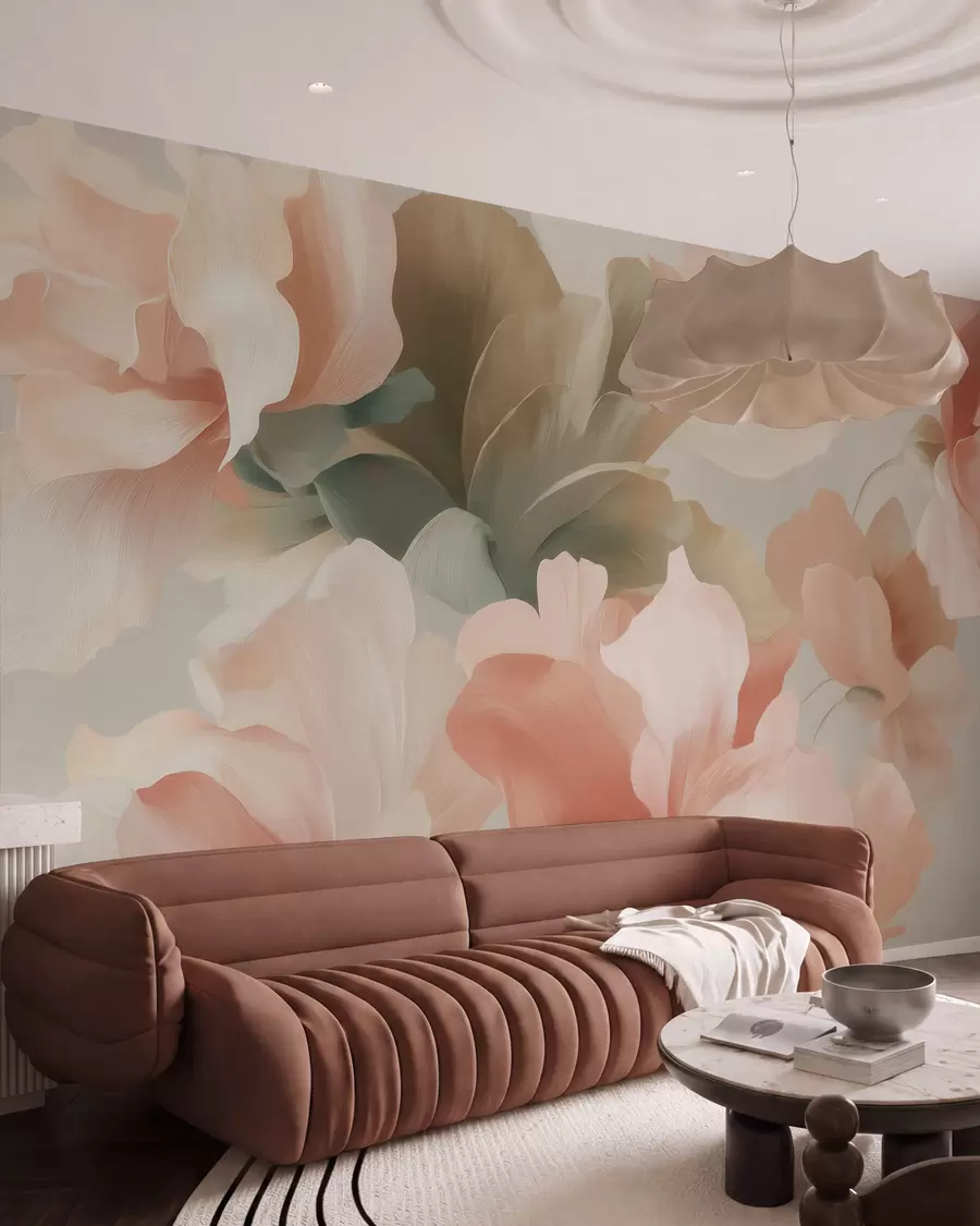 murais de parede Grandes flores artísticas em suaves tons pastéis de creme, rosa e verde w09935