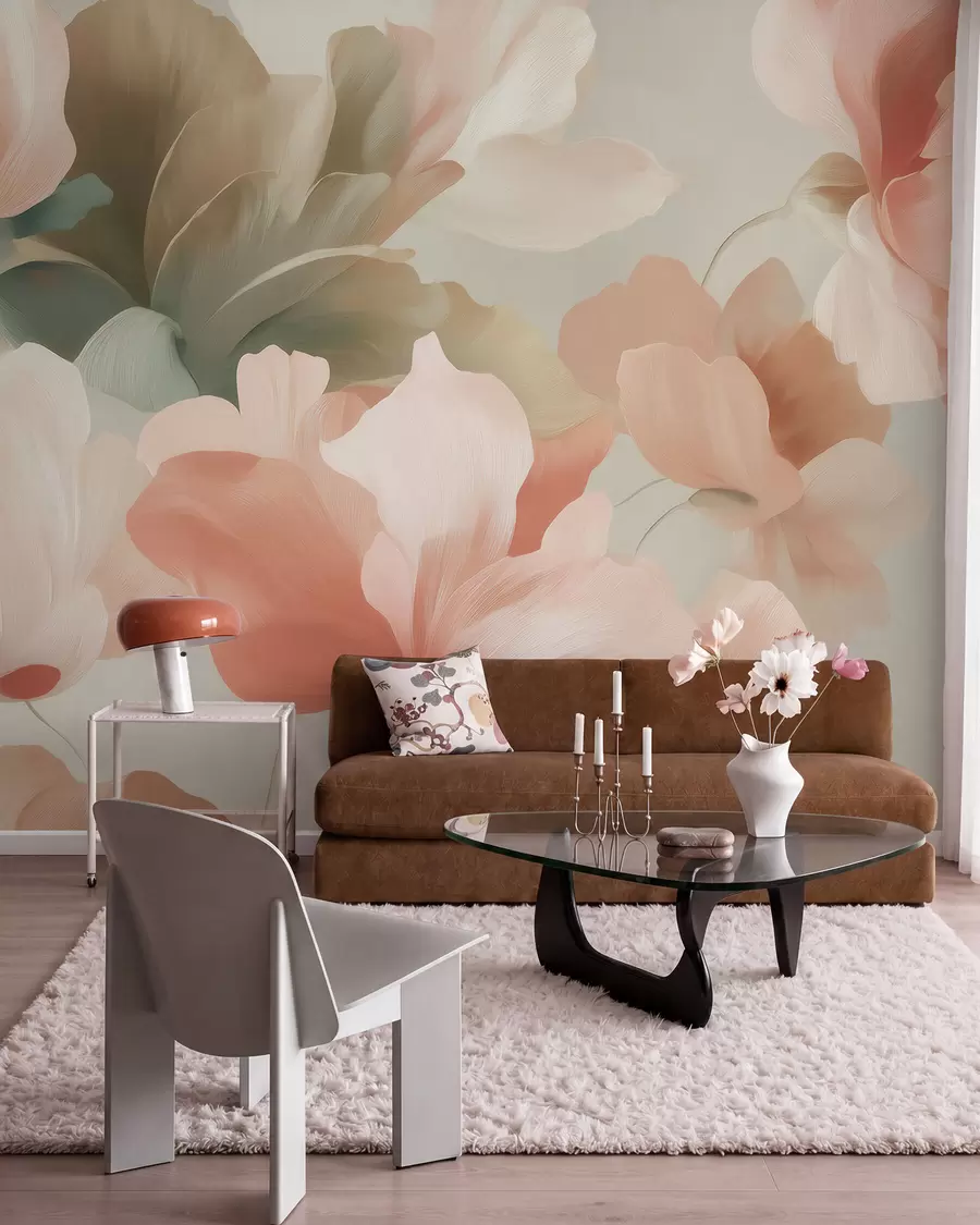 murais de parede Grandes flores artísticas em suaves tons pastéis de creme, rosa e verde w09935