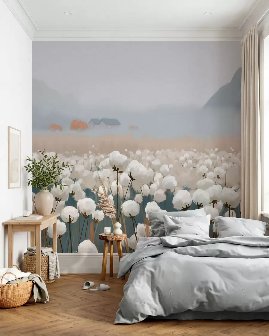murais de parede Campo de algodão em uma paisagem enevoada do norte, em estilo pictórico w09934