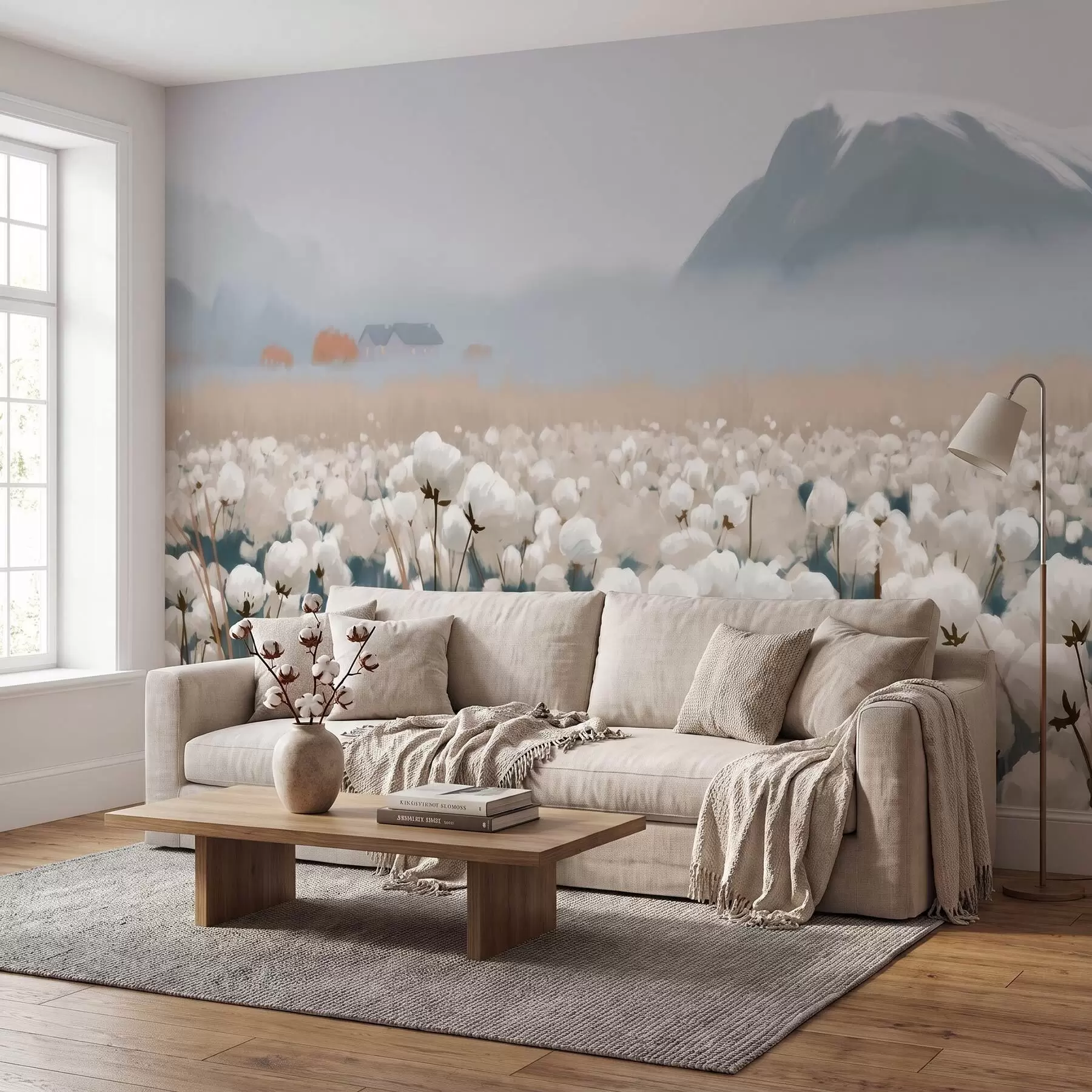 murais de parede Campo de algodão em uma paisagem enevoada do norte, em estilo pictórico w09934