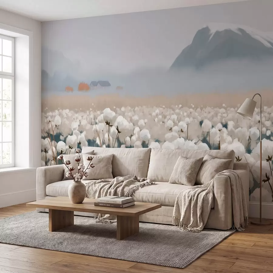 murais de parede Campo de algodão em uma paisagem enevoada do norte, em estilo pictórico w09934