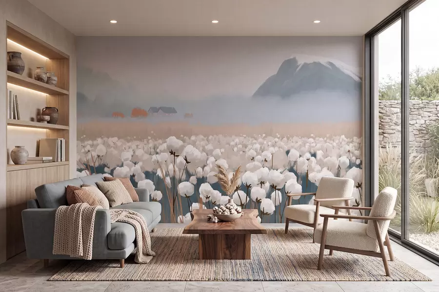 murais de parede Campo de algodão em uma paisagem enevoada do norte, em estilo pictórico w09934