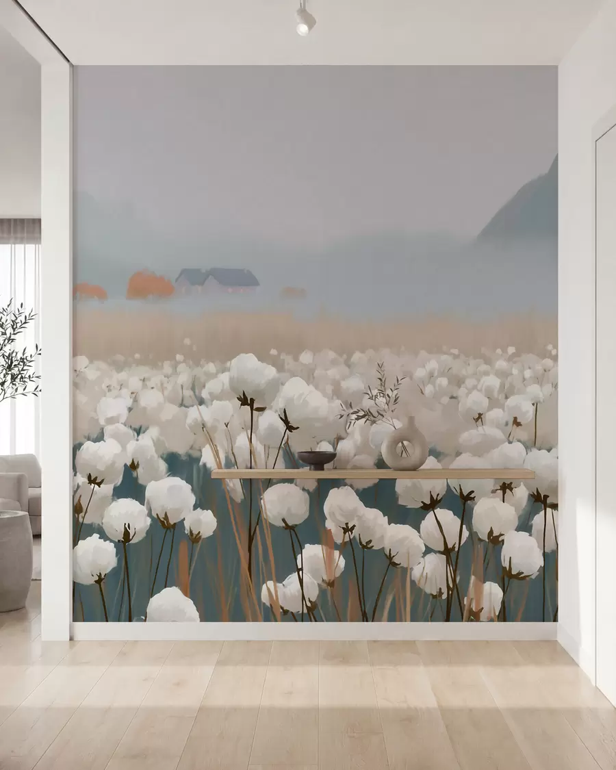 murais de parede Campo de algodão em uma paisagem enevoada do norte, em estilo pictórico w09934
