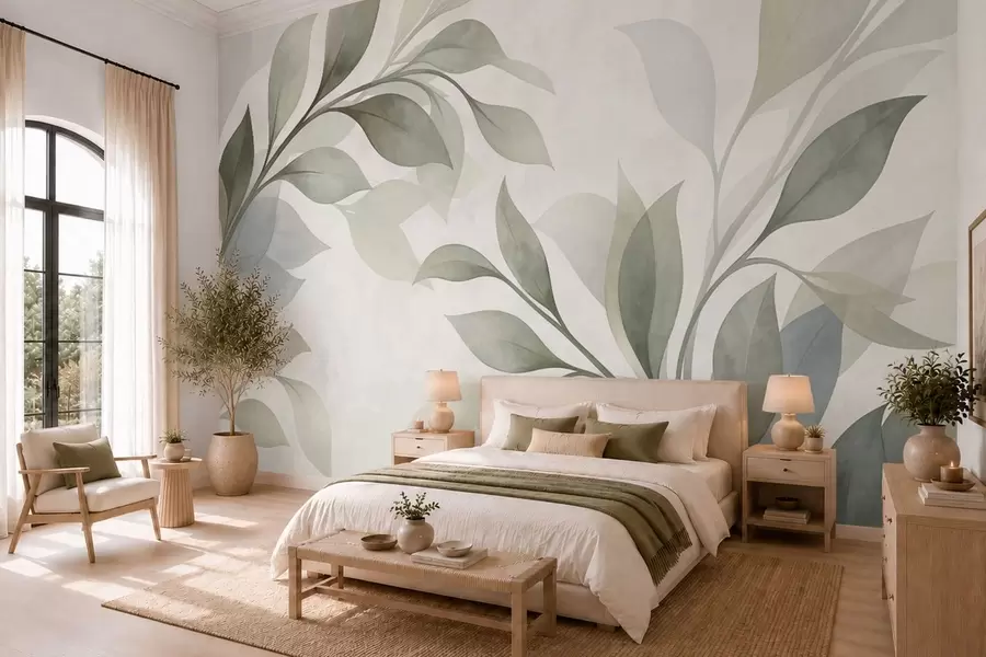 murais de parede Folhas grandes em tons suaves de verde e azul w05693