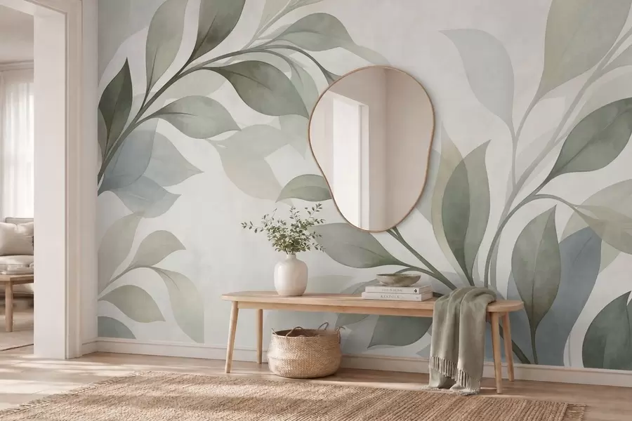 murais de parede Folhas grandes em tons suaves de verde e azul w05693