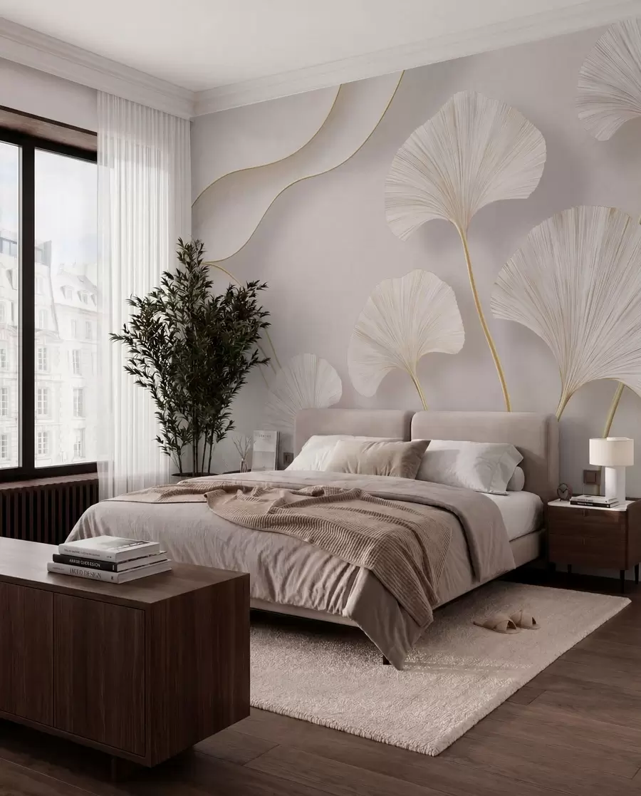 murais de parede Folhas de ginkgo, de cor clara e com volume, com linhas fluidas contra um fundo de mármore w05734