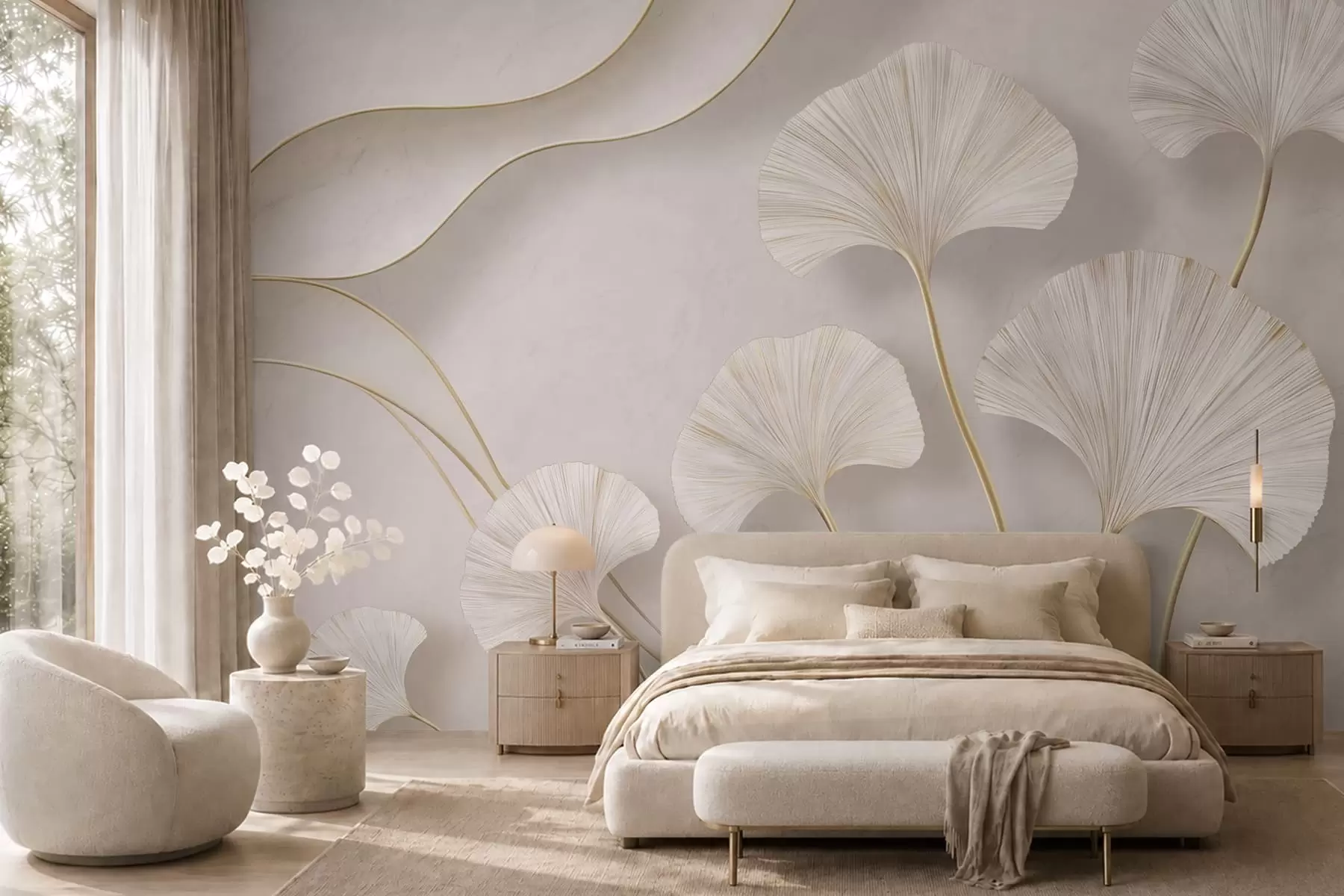 murais de parede Folhas de ginkgo, de cor clara e com volume, com linhas fluidas contra um fundo de mármore w05734