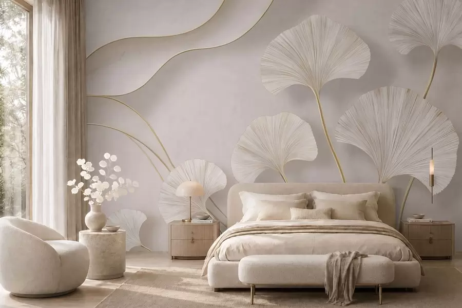 murais de parede Folhas de ginkgo, de cor clara e com volume, com linhas fluidas contra um fundo de mármore w05734