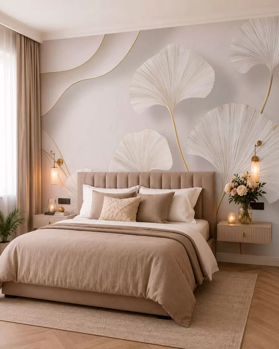 murais de parede Folhas de ginkgo, de cor clara e com volume, com linhas fluidas contra um fundo de mármore w05734