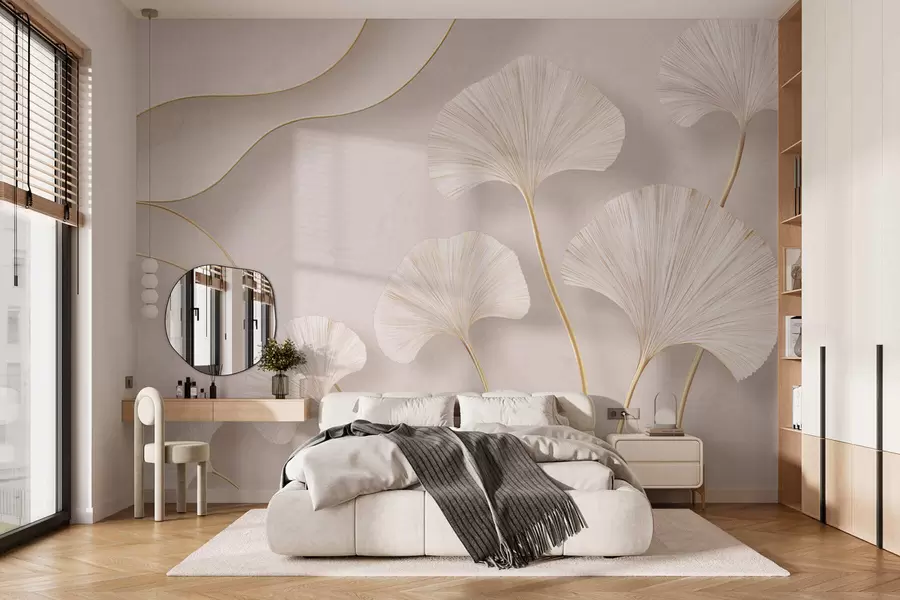 murais de parede Folhas de ginkgo, de cor clara e com volume, com linhas fluidas contra um fundo de mármore w05734