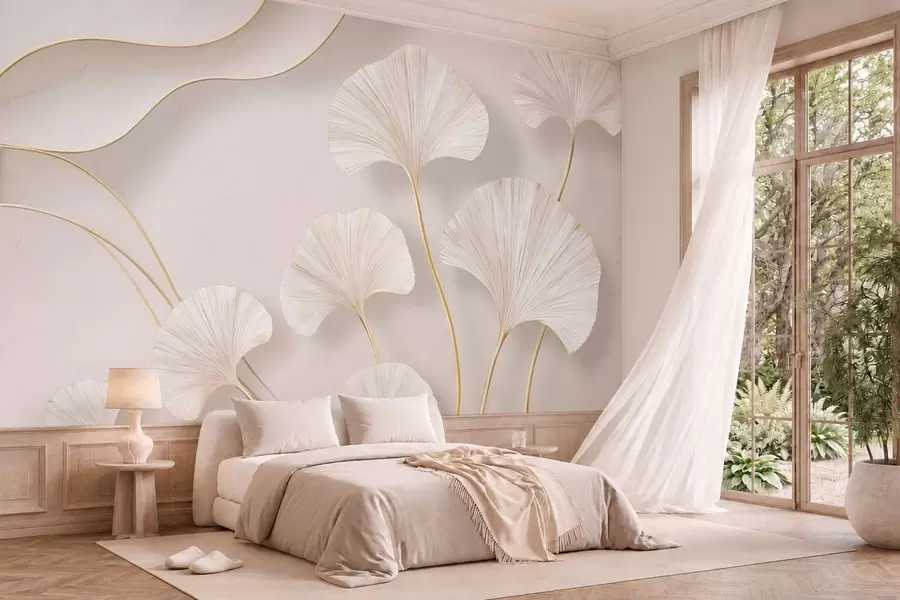 murais de parede Folhas de ginkgo, de cor clara e com volume, com linhas fluidas contra um fundo de mármore w05734