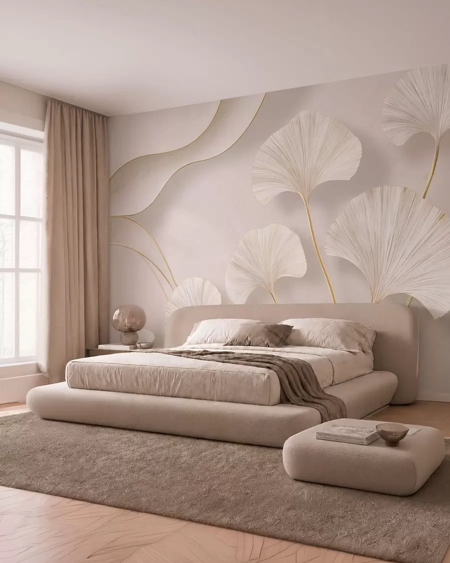 murais de parede Folhas de ginkgo, de cor clara e com volume, com linhas fluidas contra um fundo de mármore w05734