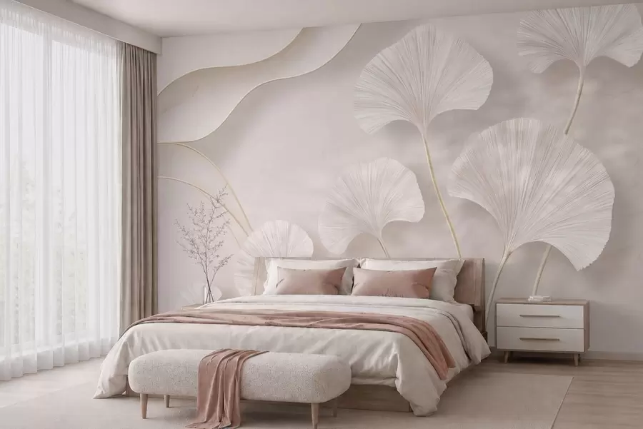 murais de parede Folhas de ginkgo de cor clara contra um fundo de mármore suave w05734v1