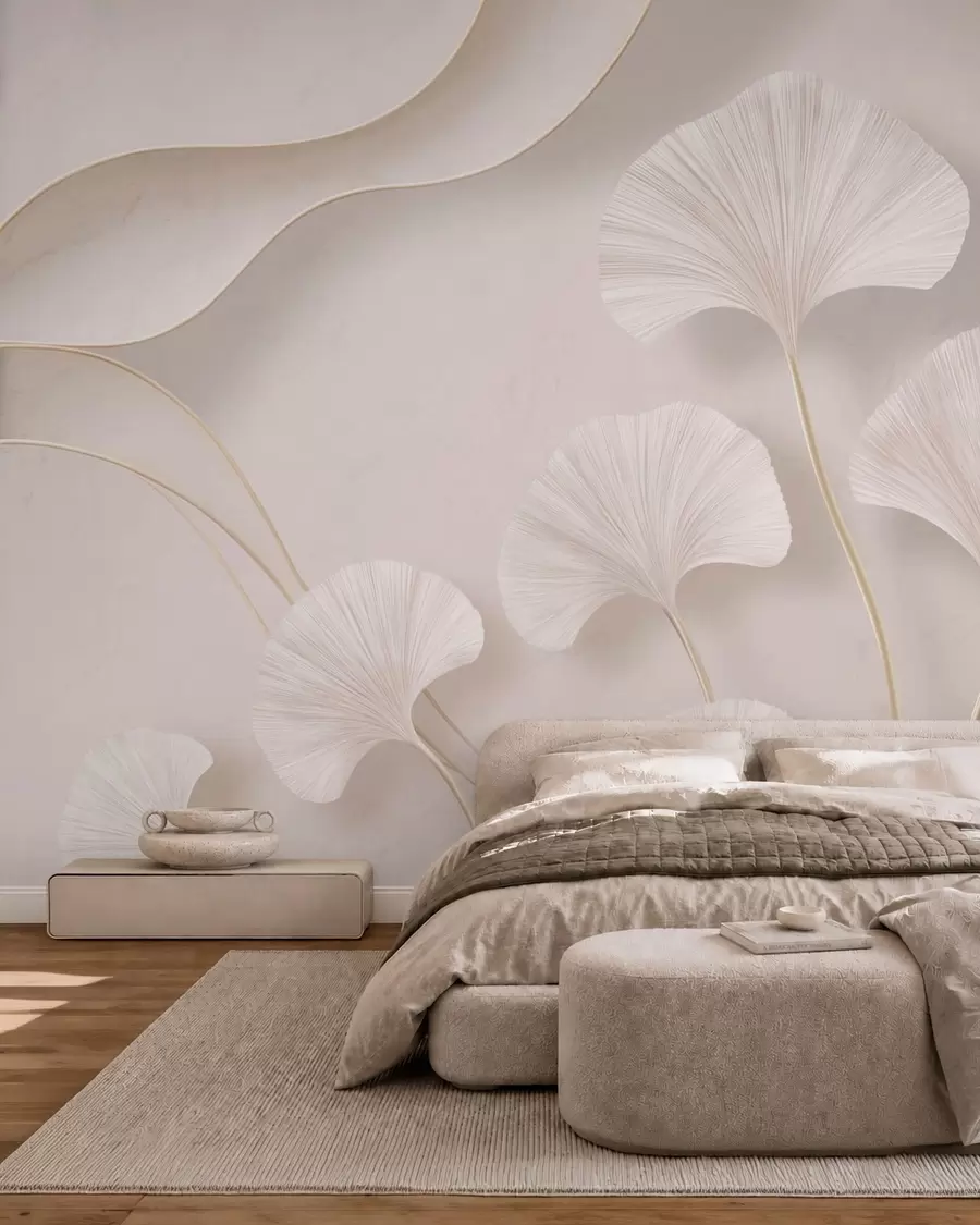 murais de parede Folhas de ginkgo de cor clara contra um fundo de mármore suave w05734v1