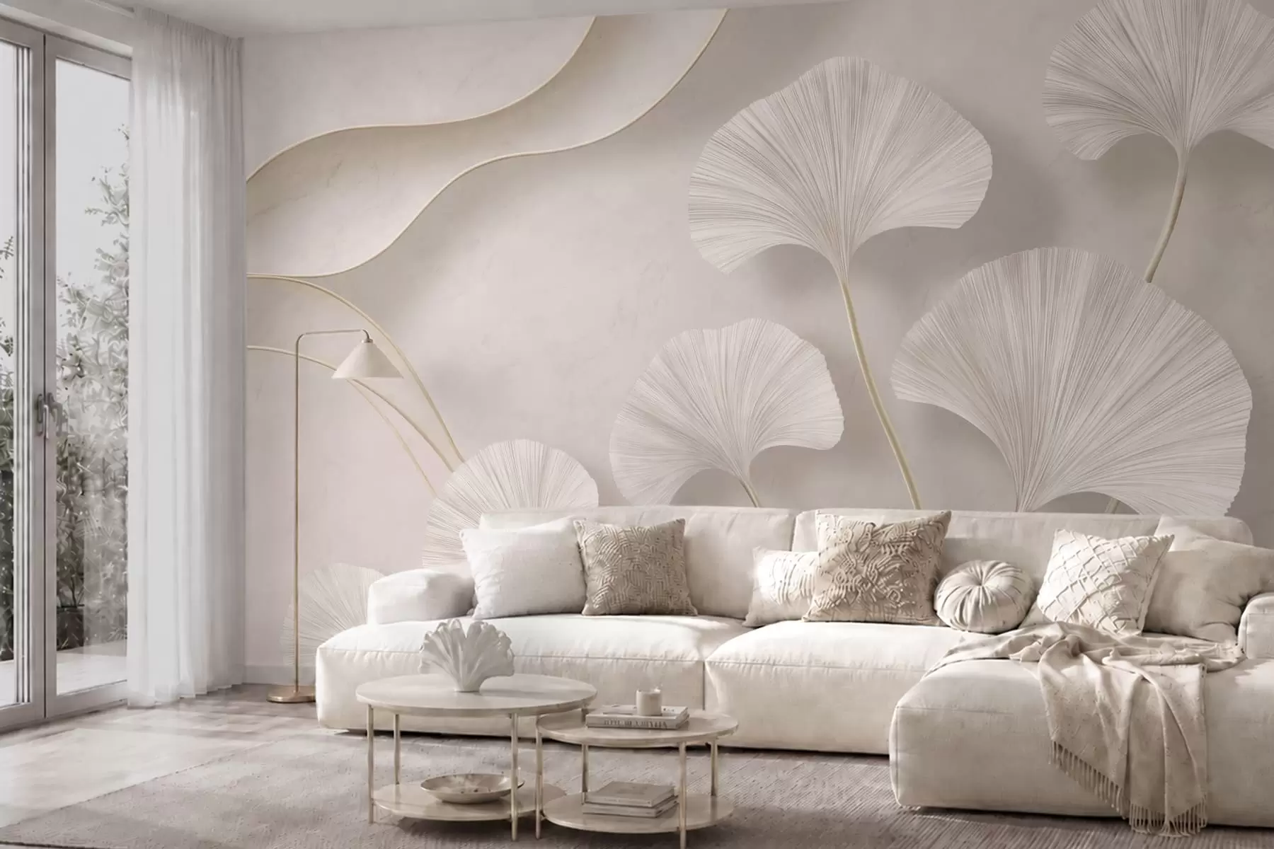 murais de parede Folhas de ginkgo de cor clara contra um fundo de mármore suave w05734v1