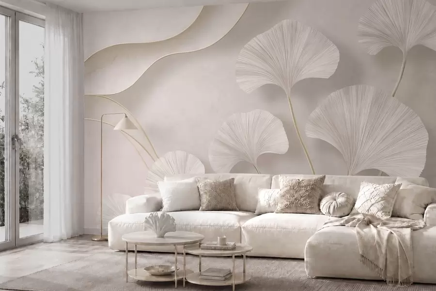 murais de parede Folhas de ginkgo de cor clara contra um fundo de mármore suave w05734v1