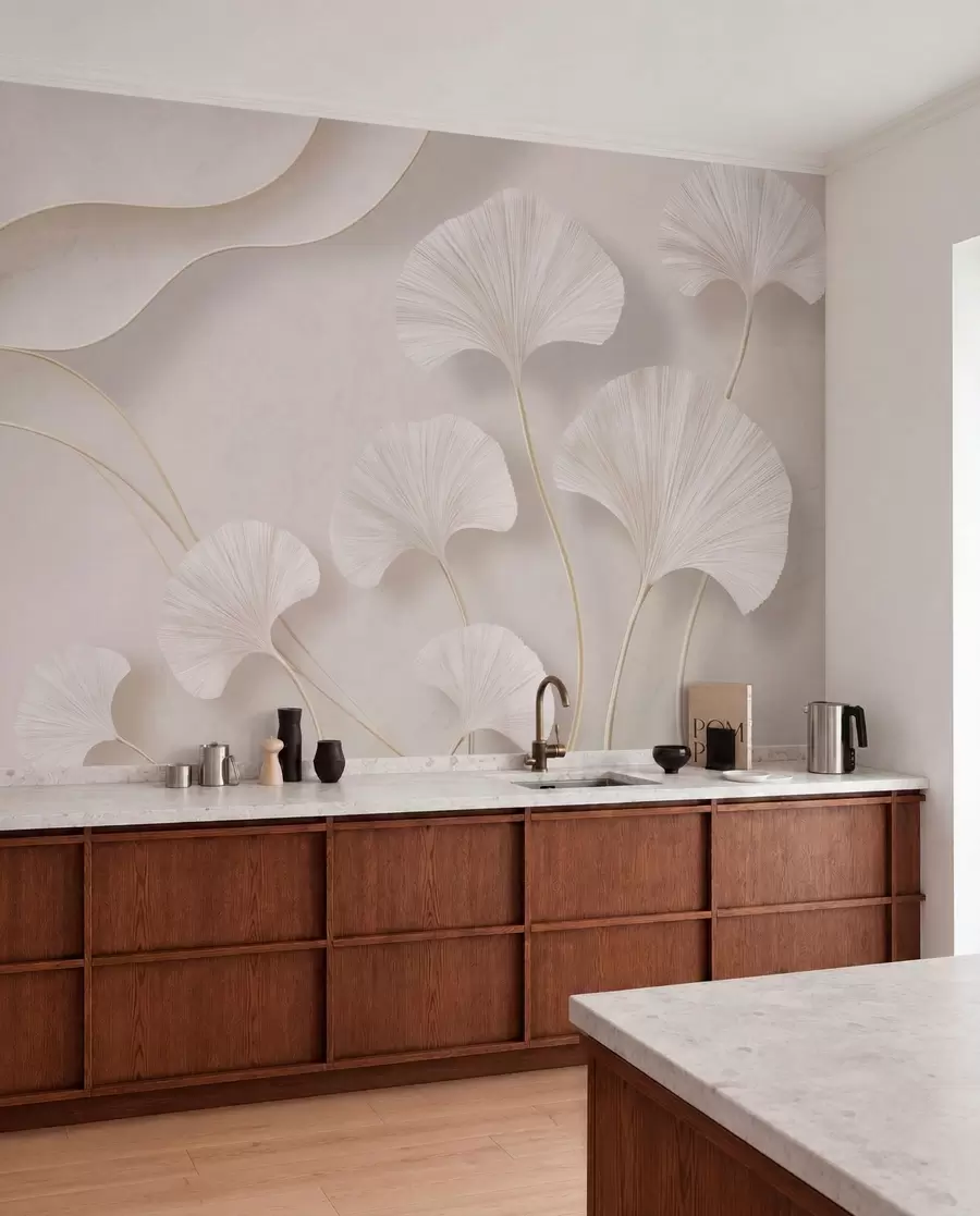 murais de parede Folhas de ginkgo de cor clara contra um fundo de mármore suave w05734v1