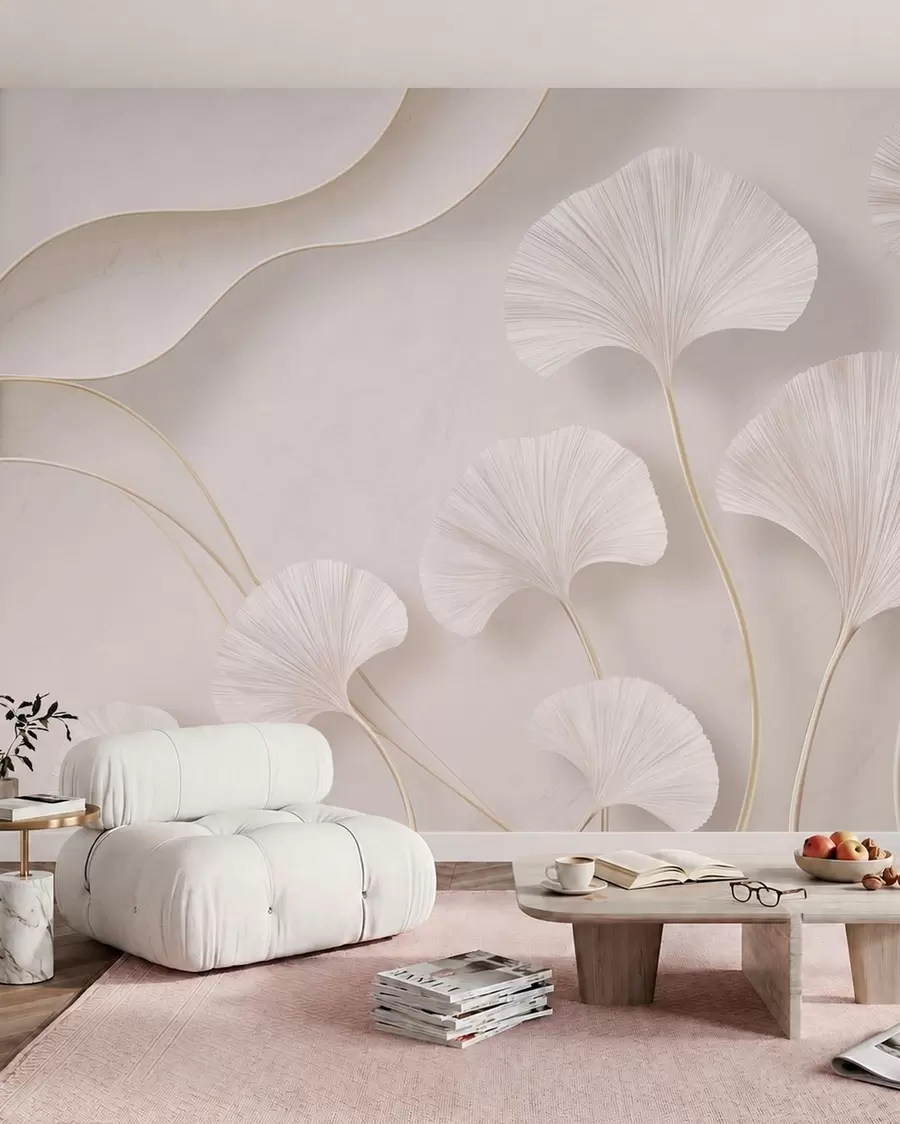 murais de parede Folhas de ginkgo de cor clara contra um fundo de mármore suave w05734v1