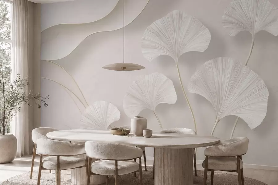 murais de parede Folhas de ginkgo de cor clara contra um fundo de mármore suave w05734v1