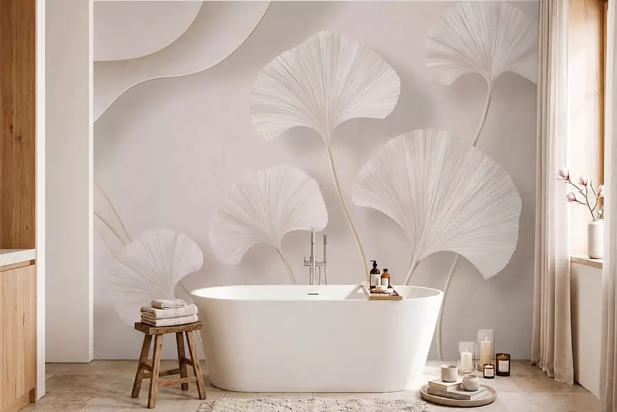 murais de parede Folhas de ginkgo de cor clara contra um fundo de mármore suave w05734v1