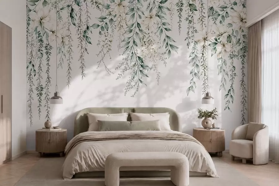 murais de parede Flores em cascata e folhagem verde sobre um fundo claro w05736