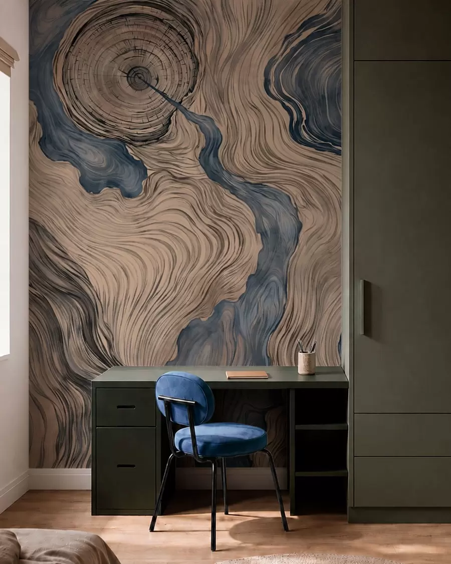 murais de parede Um padrão abstrato com um desenho linear que imita o veio da madeira em tons de azul w05729v1