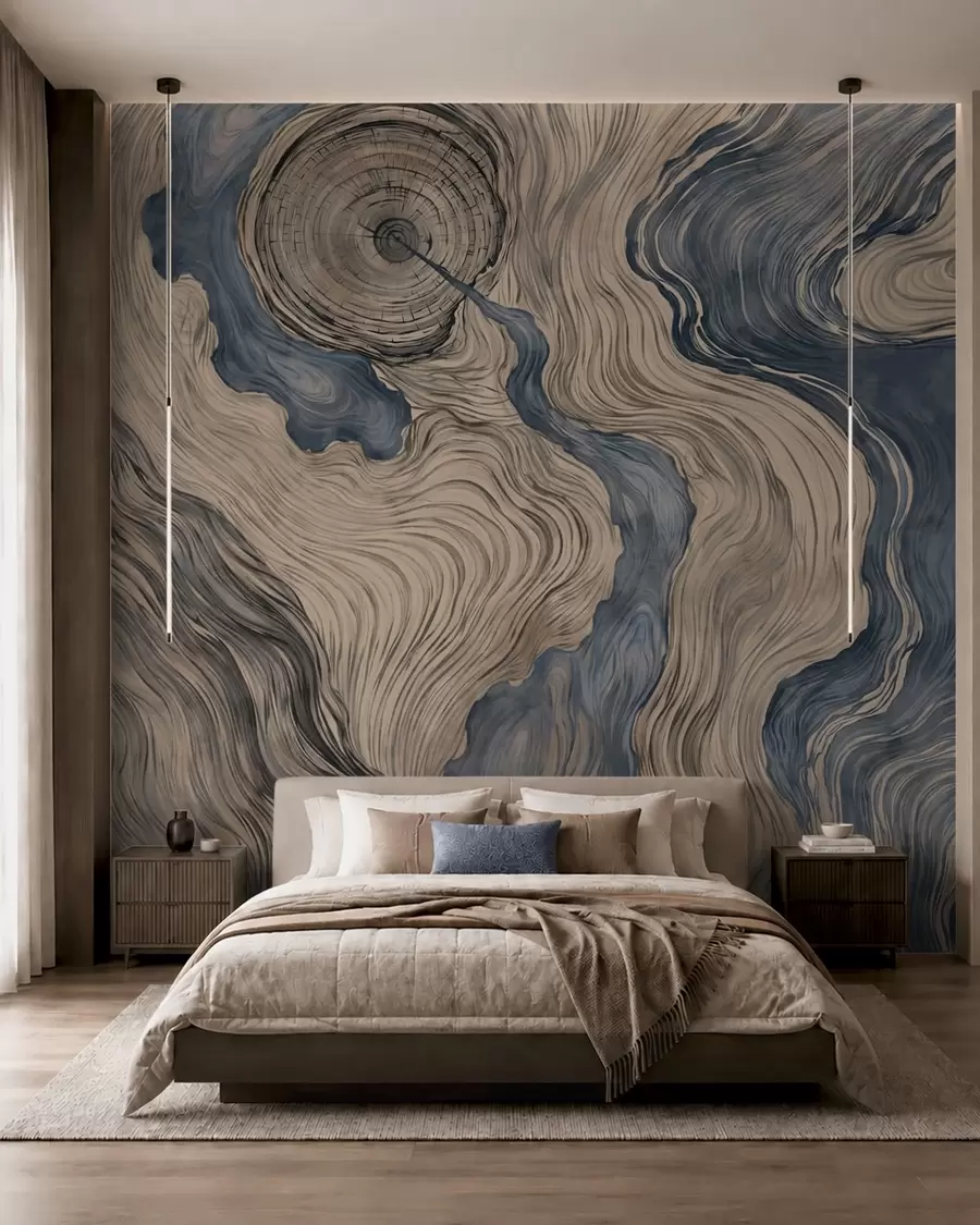 murais de parede Um padrão abstrato com um desenho linear que imita o veio da madeira em tons de azul w05729v1