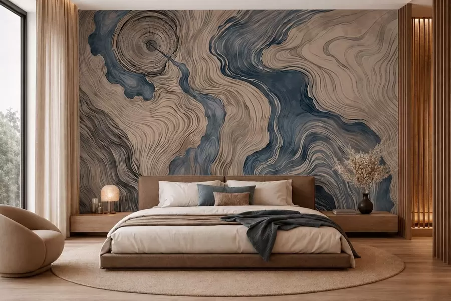 murais de parede Um padrão abstrato com um desenho linear que imita o veio da madeira em tons de azul w05729v1