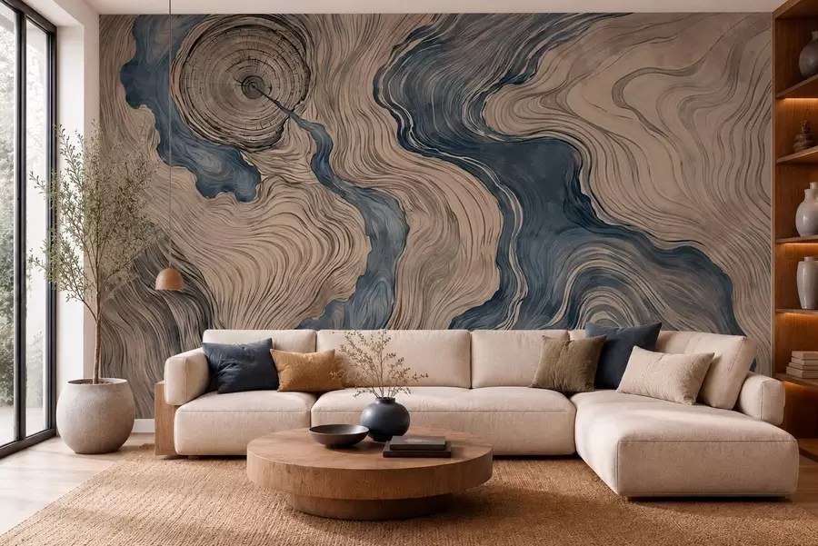 murais de parede Um padrão abstrato com um desenho linear que imita o veio da madeira em tons de azul w05729v1