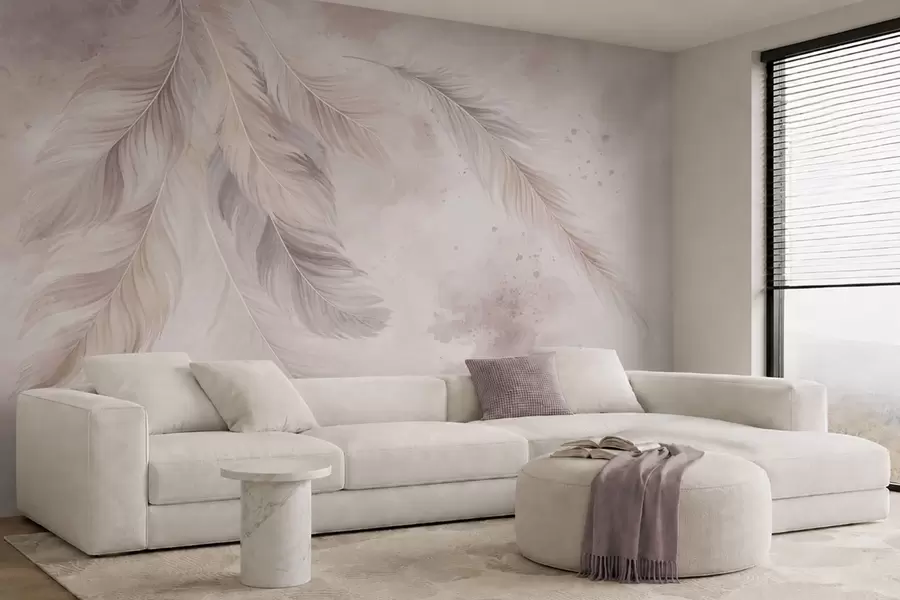 murais de parede Penas delicadas sobre um fundo em aquarela em tons pastéis w05737