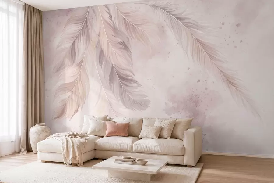 murais de parede Penas delicadas sobre um fundo em aquarela em tons pastéis w05737