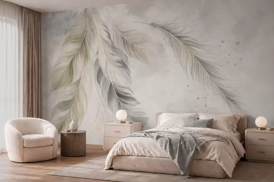 murais de parede Penas de cores claras sobre um fundo suave em aquarela w05737v1