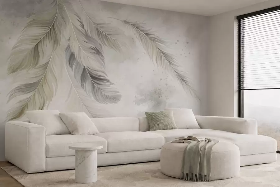 murais de parede Penas de cores claras sobre um fundo suave em aquarela w05737v1