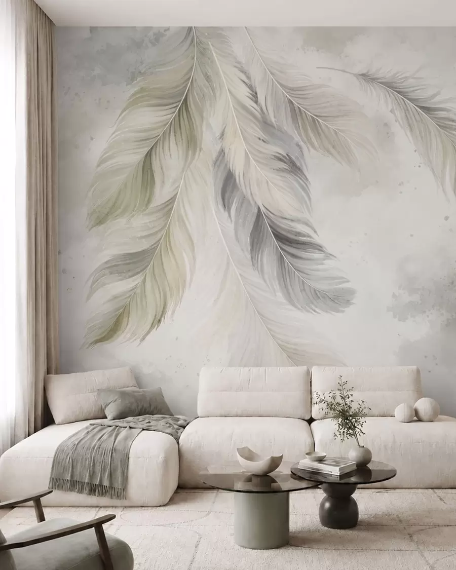 murais de parede Penas de cores claras sobre um fundo suave em aquarela w05737v1