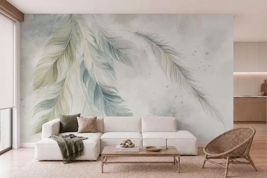 murais de parede Penas de cores claras sobre um delicado fundo em aquarela w05737v2