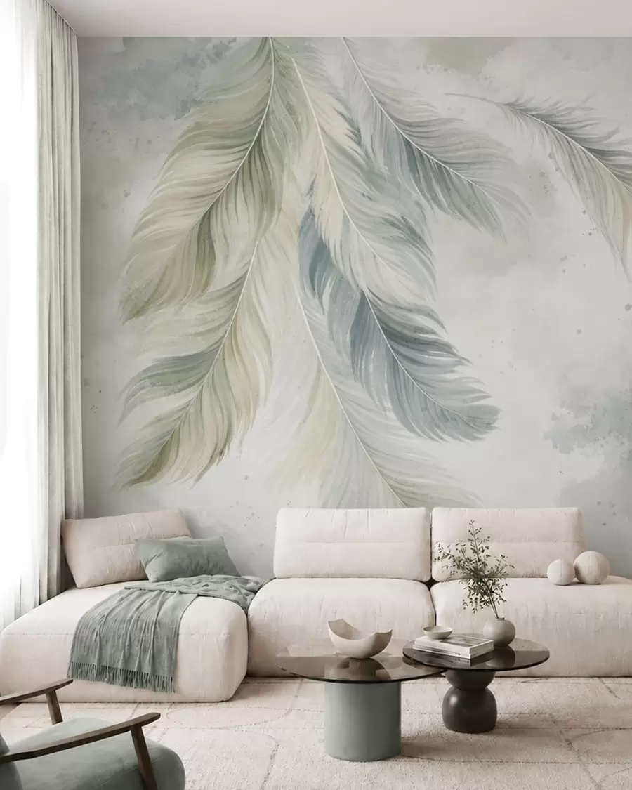 murais de parede Penas de cores claras sobre um delicado fundo em aquarela w05737v2
