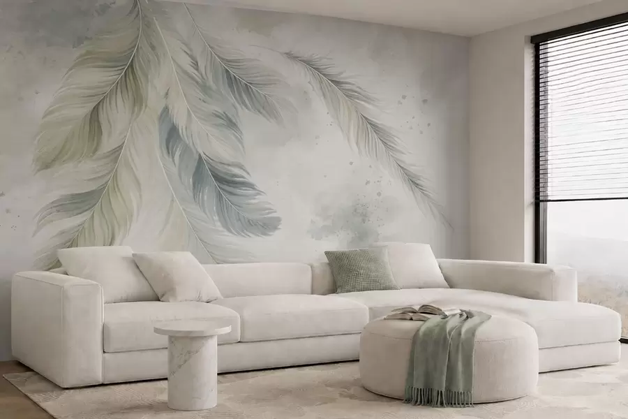 murais de parede Penas de cores claras sobre um delicado fundo em aquarela w05737v2