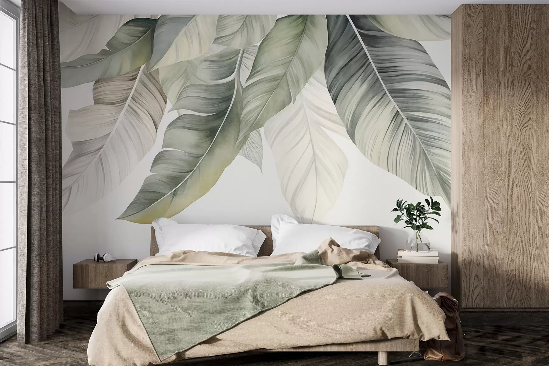 murais de parede Folhas grandes de bananeira em tom de verde claro com nervuras detalhadas, arte texturizada, fundo claro w09941