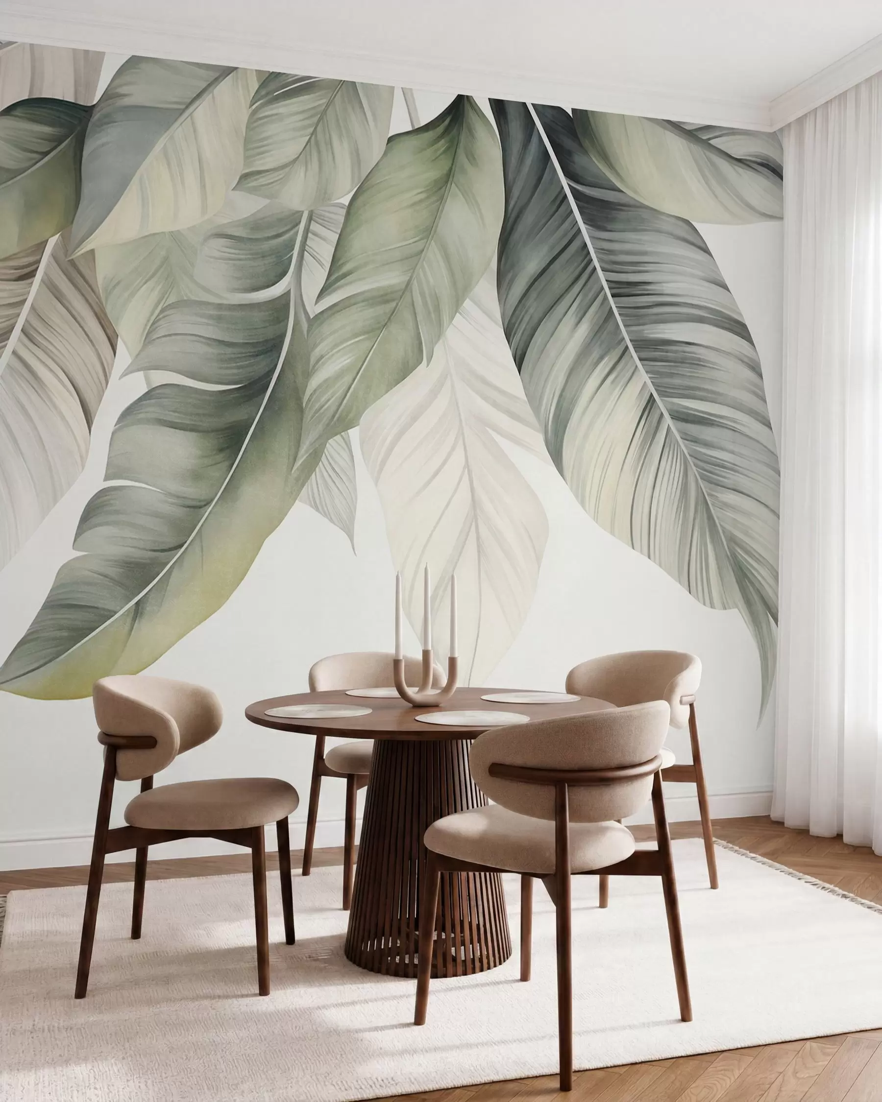 murais de parede Folhas grandes de bananeira em tom de verde claro com nervuras detalhadas, arte texturizada, fundo claro w09941