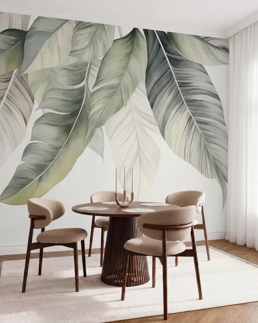 murais de parede Folhas grandes de bananeira em tom de verde claro com nervuras detalhadas, arte texturizada, fundo claro w09941