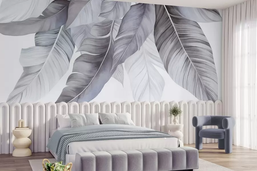 murais de parede Folhas grandes de bananeira em azul claro com veias detalhadas, arte texturizada, fundo claro w09941v1