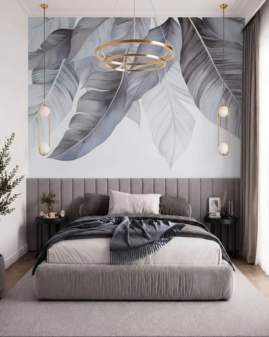 murais de parede Folhas grandes de bananeira em azul claro com veias detalhadas, arte texturizada, fundo claro w09941v1