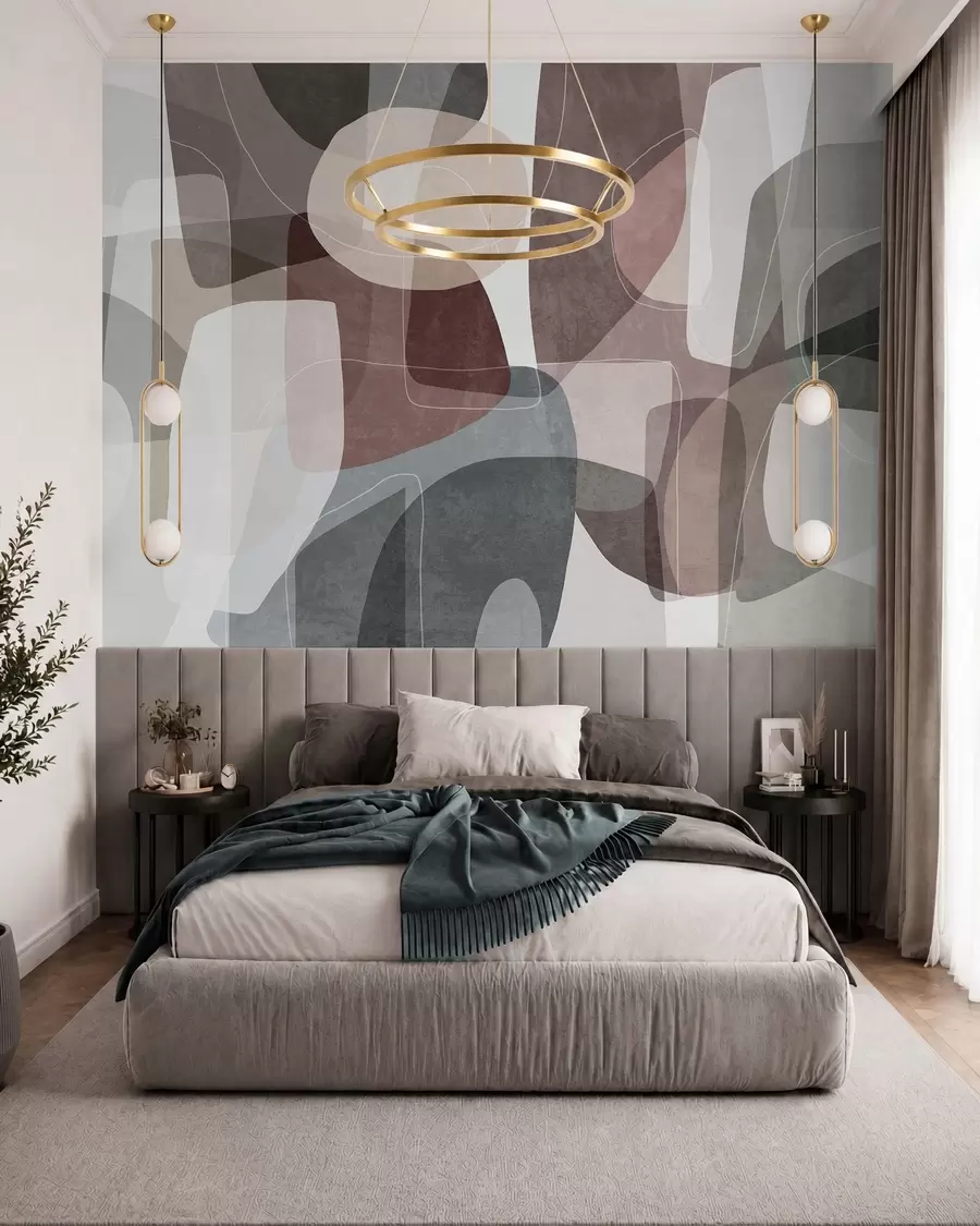 murais de parede Formas abstratas em tons terrosos suaves, com finas linhas brancas e texturas sobrepostas w09942