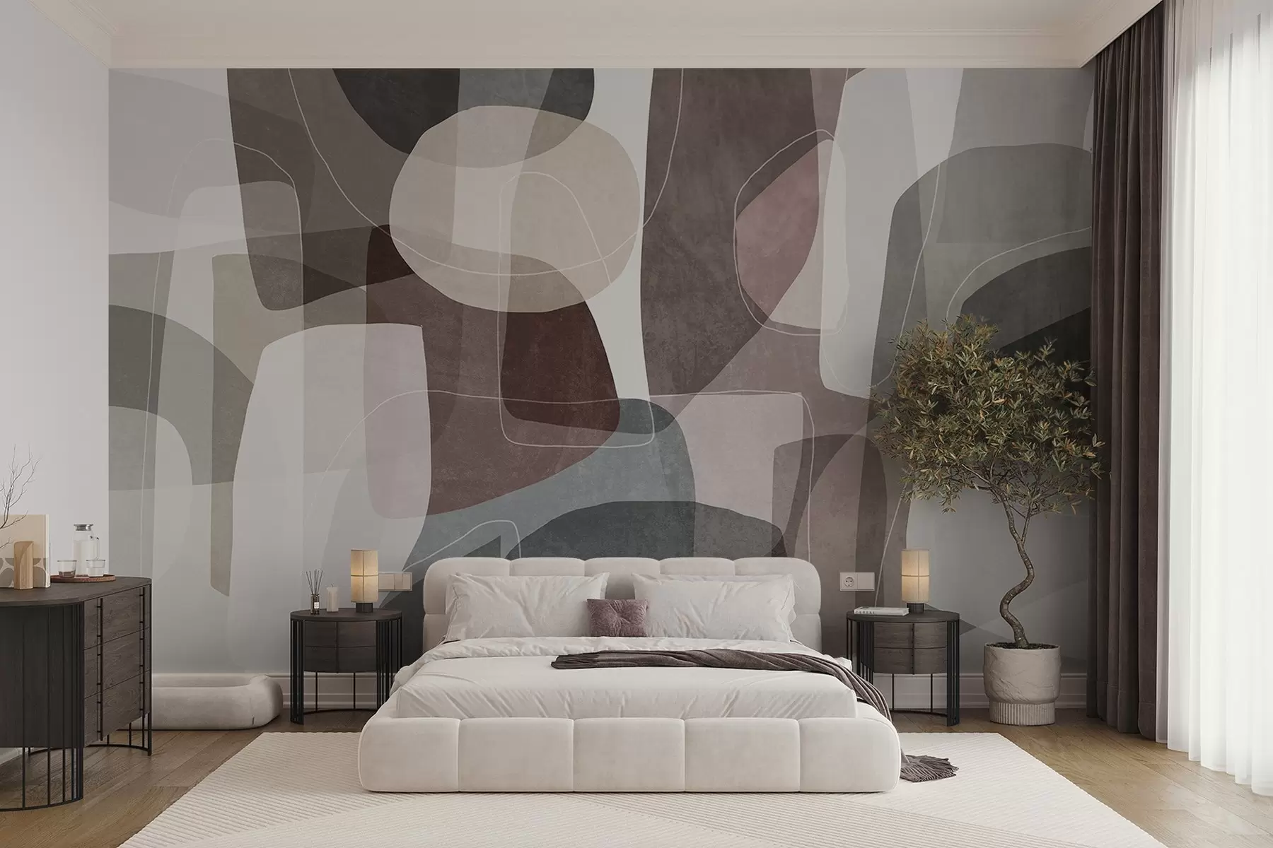 murais de parede Formas abstratas em tons terrosos suaves, com finas linhas brancas e texturas sobrepostas w09942